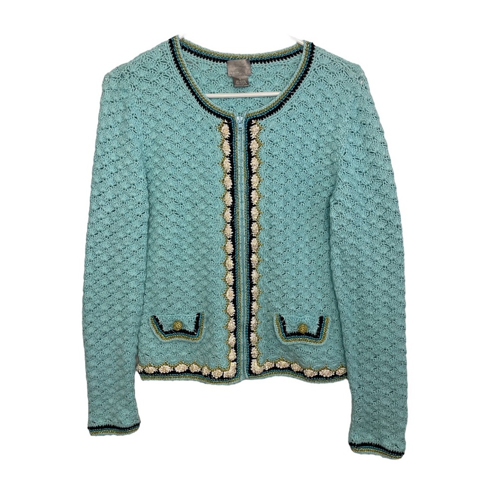 Berek Women's Cardigan Sweater Beaded Turquoise/Blue/Gold Size Small